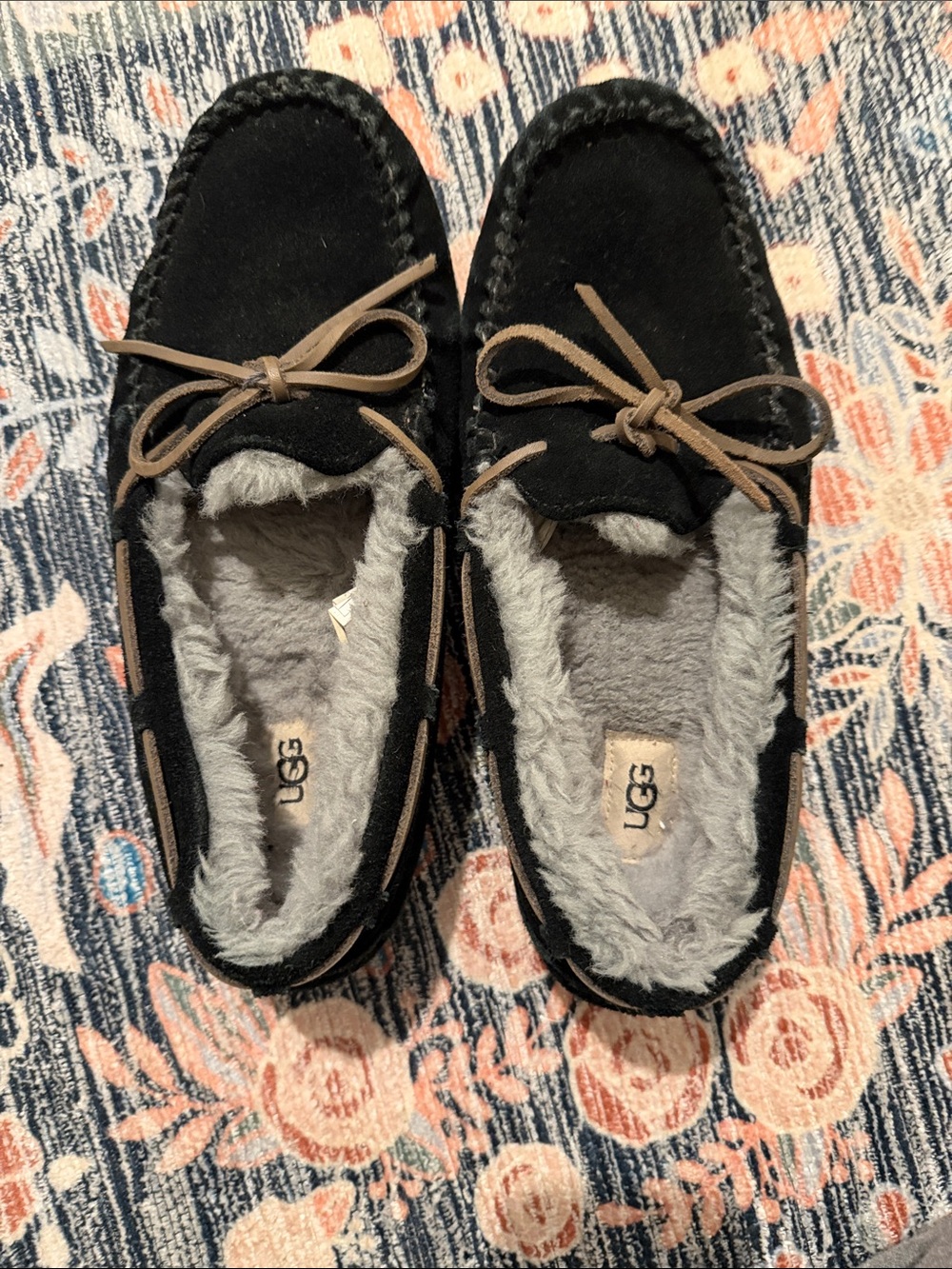 UGG Black Suede Moccasin Slippers with Grey Shearling Lining